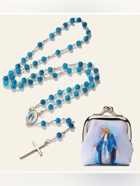 Blue Mary Rosary Beads with Virgin Mary Coin Pouch